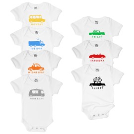 The Spunky Stork Baby Boys 7-Pack Car Days of The Week Organic Bodysuit Gift Set (12-18M) White