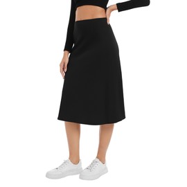 Urban CoCo Women's Elastic High Waist A-Line Flared Solid Ribbed Knit Midi Skirt (Black, S)