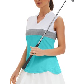 addigi Ladies Golf Shirts Women Sleeveless Tennis Tops V Neck Lightweight Athletic Casual Tank Top Quick Dry Golf Polo Color Block Large