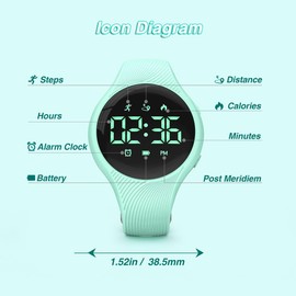 Digital Waterproof Pedometer Watch, Fitness Tracker, Step Counter, Distance, Vibrating alarm clock, Stopwatch, Great Gift for for Kids Childrens Teen Girls Boys Women (Green)