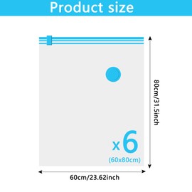 Vacuum Storage Bags - 6 Pack 60X80CM Extra Large Reusable Strong Space Saver Compression Bags - Vacuum Pack Bags Double Zip Seal Travel Vacuum Storage Bags for Clothes Duvets Quilts Bedding Pillows