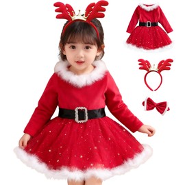 GOKEI Children's Santa Dress, One-Piece 3-Piece Set with Ribbon Headband, Christmas Headband, Santa Costume, Cosplay, Christmas Outfit for Girls, Santa Clothes, Children's Clothing, Baby, Kids, Fur