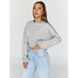 Trendy Queen Cropped Sweatshirts for Women Oversized Crewneck Sweaters Long Sleeve Tops Fall Winter Clothes 2025 Grey S