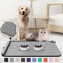 Pet Feeding Mat, Dog Food Mat, 22''x14'' Silicone Pet Feeding Mats with Residue Collection Pocket, Waterproof Dog Cat Bowl Mats for Food and Water with Edge and Hook, Tray for Dog Bowls, Dark Gray