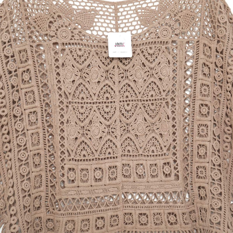 jastie Women Boho Hippie Crochet T-Shirt Short Top (Warm Taupe)
