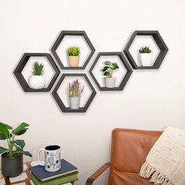 Drakestone Designs Hexagon Floating Wall Shelves, Farmhouse Style Decorative Bookshelves for Kitchen, Bedroom, Living Room, and More, Solid Wood, 10.13" H x 11.75" W x 4.00" D, Black, 5-Pack