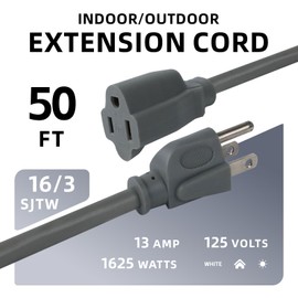 EP 50 Ft Outdoor Extension Cord - 16/3 SJTW Gray Electrical Cable with 3 Prong Grounded Plug