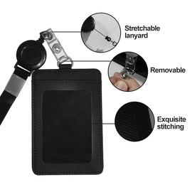 HYCOPROT Soporte para tarjetas de identificación con cordón, de piel sintética, retráctil, vertical, horizontal, con 1 ventana de identificación transparente y 1 ranura para tarjetas de crédito para oficina y escuela (vertical, negro)