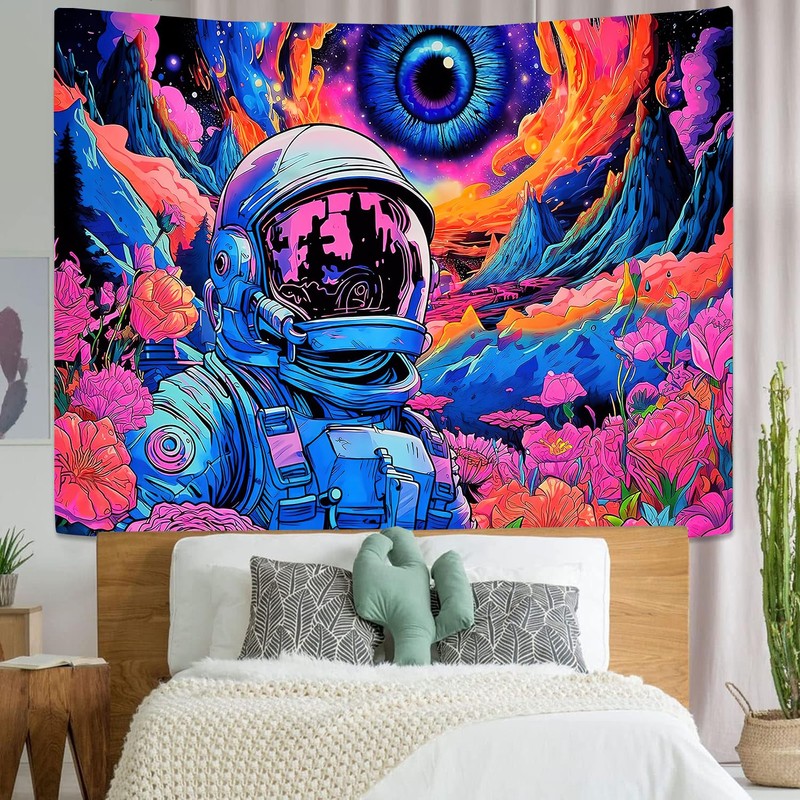 FENDROM Blacklight Astronaut Tapestry Hippie Eyes Tapestry UV Reactive Flowers