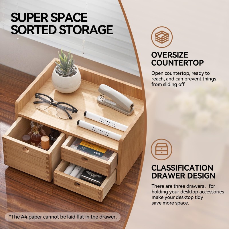 KIRIGEN Desk Organizer with 3 Drawers - Wood Drawer Storage