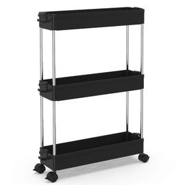 SPACEKEEPER Slim Storage Cart 3 Tier Mobile Shelving Unit Organizer Slide Out Storage Rolling Utility Cart Tower Rack for Kitchen Bathroom Laundry Narrow Places, Plastic & Stainless Steel, Black