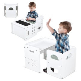 Montessori Weaning Table and Chair Set, 2 In 1 Toddler Desk and Chair Set, Wooden Kids Table and Chairs with Chalkboard, Height-Adjustable Children's Table and Chairs, Table for Toddlers 1-3