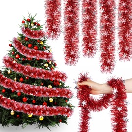 59Ft Christmas Snowflake Tinsel Garland Xmas Tree Decorations Red Christmas Metallic Twist Garland Ceiling Hanging Decorations for New Year Party Birthday Holiday Indoor Outdoor Supplies