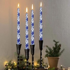 Blue and White Porcelain Taper Candlesticks 10 in Print Taper Candles Unscented Smokeless Handmade Printing Candle Tall Tapered Candle Sticks for Home Dinner Wedding Decor Simple Modern, 4 Pack
