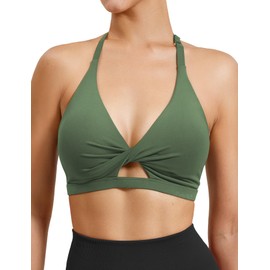 VOYJOY Workout Sports Bras for Women Padded Backless Strappy Fitness Wireless Gym Bra Medium Impact Bra Yoga Crop Top Dark Green L