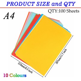 100Sheets Colored Paper A4 Colored Printer Paper,70g Handmade Origami Paper Color Paper Decorative 10Assorted Colors Paper for DIY Arts Crafts (millimeters, 297 x 210)