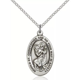 Pewter Saint Christopher Catholic Medal Pendant Necklace 24" Chain GiftBox