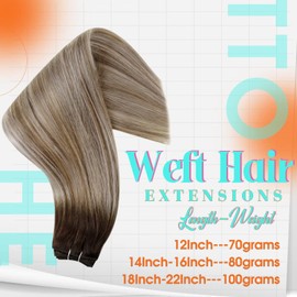 Hetto Real Hair Weft Extensions Balayage Weft Extensions Remy Real Hair Wefts Hair Extension Dark Brown Mix Ash Brown and Medium Blonde 80 g 35 cm
