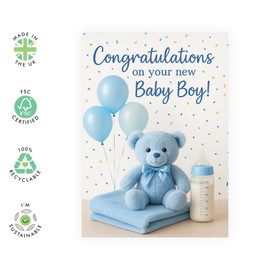 CENTRAL 23 New Baby Boy Congratulations Card – Blue Teddy Bear with Balloons – Cute Greeting Card for New Parents, Him, Grandson, Nephew – Baby Shower – Comes with Stickers