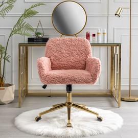 Pink Faux Fur Home Office Chair, Upholstered Elegant Desk Chair for Girls, Swivel With Gold Base, Height Adjustable Tiltable Computer Chair, Cute Makeup Vanity Chair for Kids