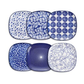 Selamica Porcelain Square Dessert Salad Pasta Plates 7.6 inches ceramic plates set of 6 microwave/dishwasher/oven safe, Vintage Blue