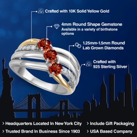 Gem Stone King 925 Silver and 10K Yellow Gold Red Garnet and Lab Grown Diamond Engagement Ring For Women | 1.26 Cttw | Round 4MM | January Birthstone | Size 7