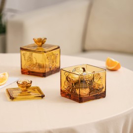 Embossed Glass Candy Jar with Lid set of 2 Colorful Decorative Jewelry Box Wedding Candy Buffet Jar Kitchen Storage Jar for Bathroom, Pantry, Office, Amber