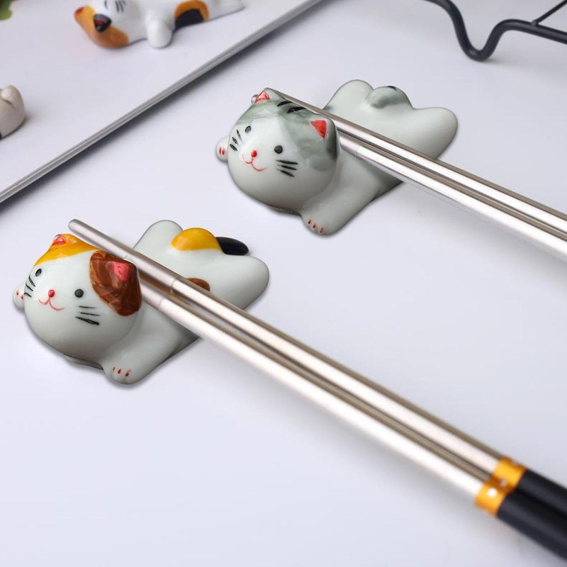5 Pieces Cat Chopstick Rack, Cute Cartoon Ornaments, Ceramic Cat