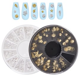 CRASPIRE 2 Boxes Ocean Nail Art Set 3D Charms 12 Styles Metal Alloy Silver Gold Nail Charms Design Studs Gems Kit Summer Sea Turtle Marine Starfish Seashell Conch for Women DIY Jewelry Decor Supplies