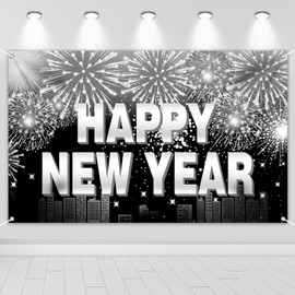 HOWAF Happy New Year Banner, Black Silver Large Happy New Year Backdrop 2025 Fabric New Year Background Banner Photo Booth Props for New Year Decorations New Years Eve Party Supplies 2025, 185 x 110cm