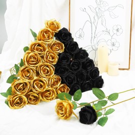 Ovveroche 72 Pcs Artificial Roses Gold, Black Fake Silk Roses Realistic Roses Faux Flower Indoor Wedding Home Decor, Birthday Decorations