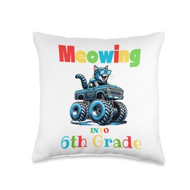 Meowing Into 6th Grade Cat Monster Truck Back To School Throw Pillow