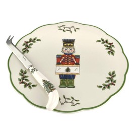 Spode Christmas Tree Nutcracker 2 Piece Cheese Plate with Knife | 9 Inch Serving Plate for Cheese and Charcuterie | Made from Fine Porcelain and Stainless Steel | Dishwasher and Microwave Safe