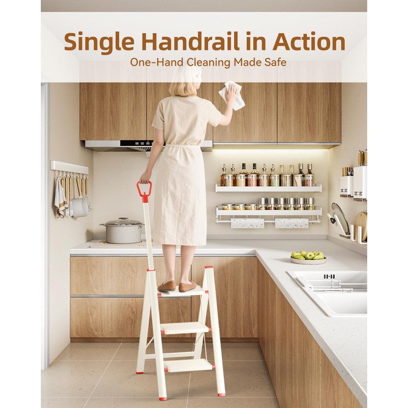 ASPERALD Step Ladder with Single-Handrail,Foldable Step Stool with Anti-Slip Wide