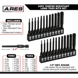 ARES 31014-24-Piece Tamper Resistant Long Torx Bit Set – Industrial Grade S2 Steel Tamper-Proof Torx Bits – 1/4-Inch Hex Shank Fits Standard Drill Chucks and Quick Connect Couplers