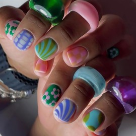 24Pcs Colorful Press on Nails Short Square Fake Nails with Flowers Stripe Irregular Pattern Designs Acrylic Glue on Nails Full Cover Stick on Nails Glossy Artificial Nails for Women
