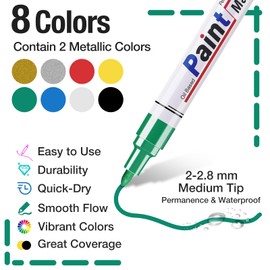 DAPAWIN Paint Pens Paint Markers, 8 Colors Medium Tip Permanent Markers Waterproof, Oil Based Marker for Metal, Rocks, Wood, Plastic, Glass, Fabric, 2-3 MM Quick Dry Oil Based Pens