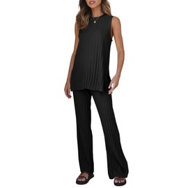 Tankaneo Two Pieces Outfits Sleeveless Top Knit Sets Trendy Lounge Long Pajamas Set Black