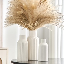 White Ceramic Vase Set of 3, Boho Vases Home Decor, Modern Farmhouse Vase for Pampas Grass, Flowers, Decorative White Vases Centerpieces for Wedding Living Room Bedroom Coffee Table Shelf Entryway