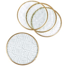 Glass Gold Coasters Set of 4, Round Cup Coaster Set with Carved Glass Stylish for Coffee Tea Wine Coasters for Bar Drink with Brass Edge Coasters Home Decor