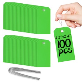 100 Pcs Green Tags with Wires Waterproof Writable Tags Neon Green Tags #5 Hang Tags with String Attached Eyelet Tags Heavy Duty Shipping Moving Tags for Luggage Parts Machines(Green, 4 3/4" x 2 3/8")