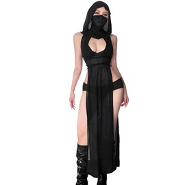 Lucky2Buy Rave Outfits for Women High Split Slim Hooded Black Knit Dress Cover Ups Streetwear (Medium)