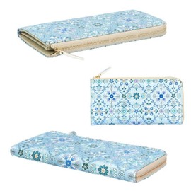 Asakusa Bunko L-Shaped Zipper Long Wallet Orient Shiny Pattern Slim Wallet Wallet Yuzen Dyeing Leather Edo Komon Metallic, blue