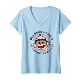 Womens Old Sock Monkey Vintage Toy Company Logo Sock Monkey V-Neck T-Shirt
