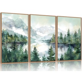 Celestdeco Watercolor Mountain Framed Canvas Wall Art Set, Boho Forest Wall Decor, Nature Green Pines Wall Painting, Forest Wilderness Artwork for Living Room, Bedroom, Dining Room, Office - 24"x36"x3