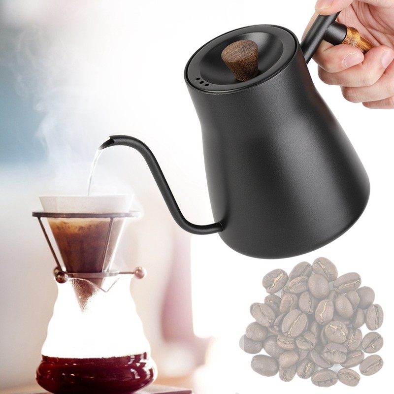 850ml Stainless Steel Drip Over Coffee Kettle Gooseneck with Wooden