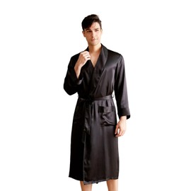 THXSILK Men’s Silk Robe Long Bathrobes, Luxury Lightweight Sleepwear, Two Pockets, Pure Mulberry Silk loungewear(Black, S/M)