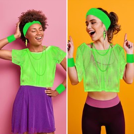 DGUSO 80s Outfit Women's 90s Outfit Women's 12 Pieces Neon Party Outfit, Mesh Top Women, Green 90s Party Clothing, Aerobic Body 80s for Neon Retro Party Carnival