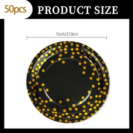 HFBOBP 50 Stück Pappteller schwarz gold, 18cm Pappteller Geburtstagspartygeschirr Partygeschirr Partyteller für Geburtstag Party Abschlussfeier, Jubiläums, Valentinstag (Schwarz-gold Pappteller)
