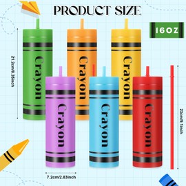 Baderke 6 Pcs Back to School Teacher Appreciation Gifts 16 oz Crayon Skinny Tumblers with Lid and Straw Plastic Reusable Colored Cup First Day of School Gifts for Student Classroom Home Office Outdoor